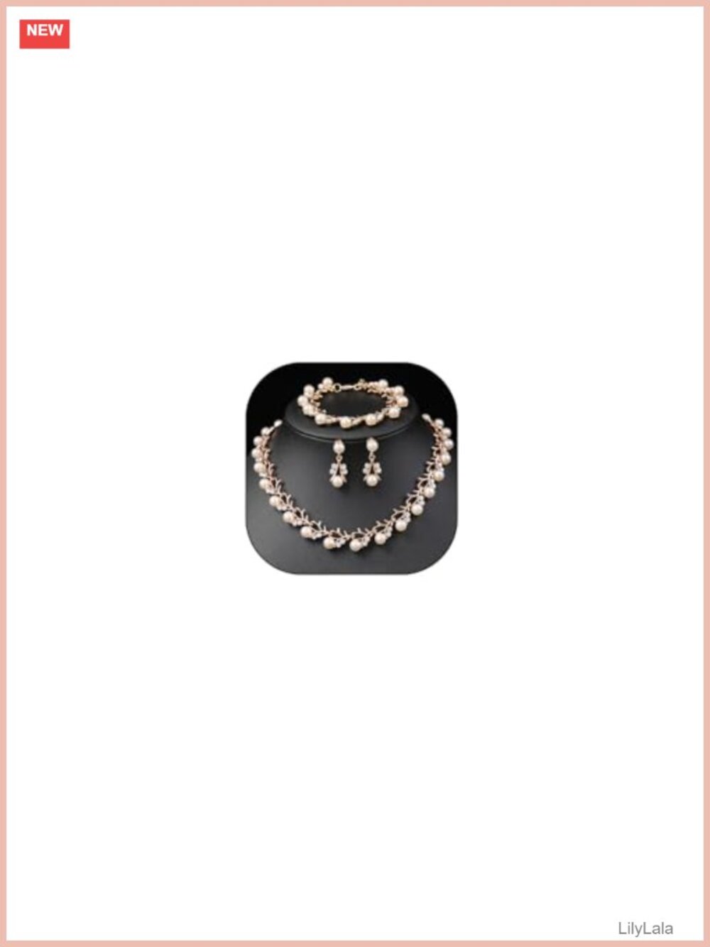 Rhinestone Pearl Wedding Jewelry Set Gold Plated Necklace Bracelet Earrings